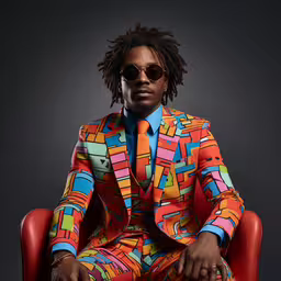 a man in glasses sits on a red chair,man with sunglasses and colorful suit sitting on a red chair