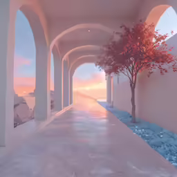 an image of a very long covered walkway with trees in the middle