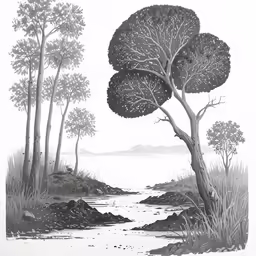 a black and white drawing of trees next to a river