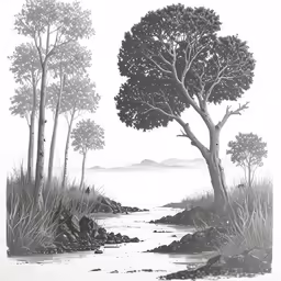 this is a drawing of trees in a creek