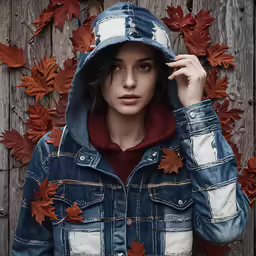 young woman in blue jean jacket posing outdoors with fall leaves