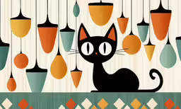 a black cat sitting on a shelf with several orange and green chandeliers