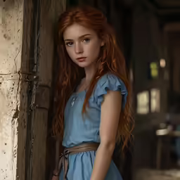 a young girl in blue dress leaning against a wall