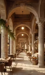 a dining room with columns and chairs and a table