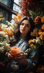 a woman holding a jar of dried flowers