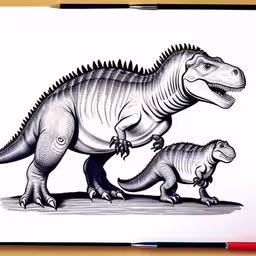 a drawing of two dinosaurs walking on one another,a couple of very cute big furry animals