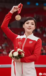 a woman holding flowers and gold medal while standing on a basketball court