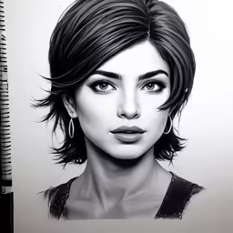 a pencil drawing of a woman with very big eyes