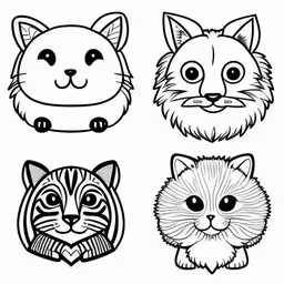 four different cats are depicted with black lines,cat and dog head with different colors,some animals that are drawn on paper,a set of four hand drawn drawings of faces and animals,,cats are in black and white and are ready to print