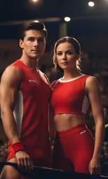 a man and woman are posing for the camera in red shorts