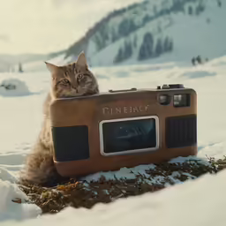 a cat is on the snow with its face on a camera