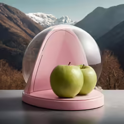 two green apples sit in a bowl under a glass dome