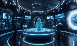 a futuristic room is lit up with blue lights