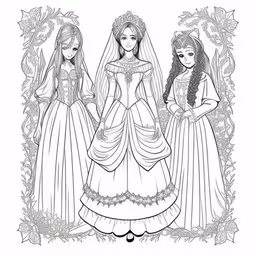 two princess coloring pages with different dresses,two dolls are in wedding dresses with flowers on the background