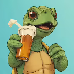 a turtle drinking a beer while sitting on a chair
