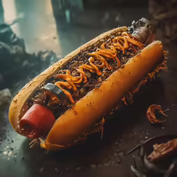 a hot dog with mustard and ketchup on a table