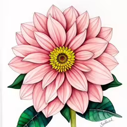 a painting of a pink flower on white paper,this is a watercolor drawing of a pink flower,a large pink flower with green leaves around it,a watercolor painting of a pink flower,a watercolor drawing of a pink flower with a green stem