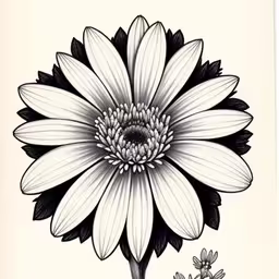 a large flower with leaves on top of it,an image of a black and white flower,drawing of an ornate flower with lines,an ink drawing of a white flower with a black center,this drawing depicts a large white flower with black petals