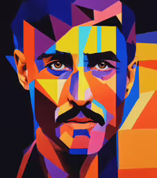 the portrait is made from colored paper, which looks like he is holding a mustache,the image shows a man with mustache and blue eyes
