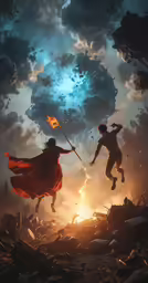 two people running on fire, one with a sword