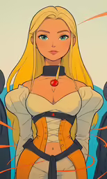 a woman with long blonde hair and a corset