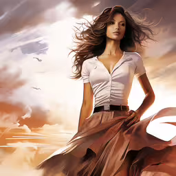 a girl in a dress is standing in the clouds,a digital painting of a woman standing with her hands on her hips