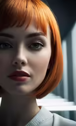 the girl with red hair is posing in a photo