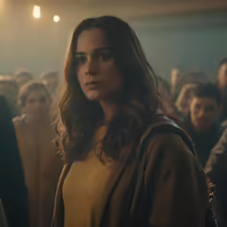 a beautiful young woman standing in front of a crowd