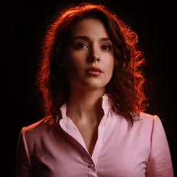 a pretty woman standing in the shadows wearing a pink shirt
