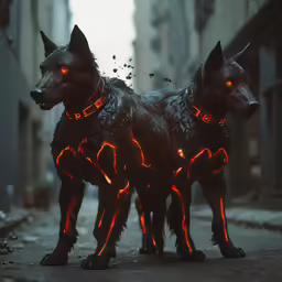 the two dogs stand in the dark outside