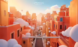 some buildings white and orange with balloons in the air