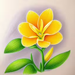 a painting of a yellow flower with green leaves,a drawing of a yellow flower that is on paper