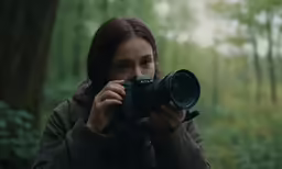 a girl holding a camera in the forest