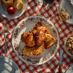 a table topped with plates of food and utensils