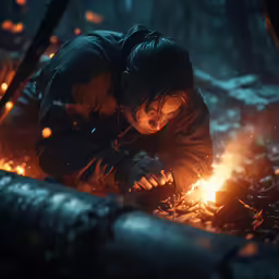 a woman squatting over some flame in a forest