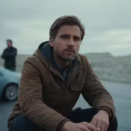 a man crouches on the side of the road