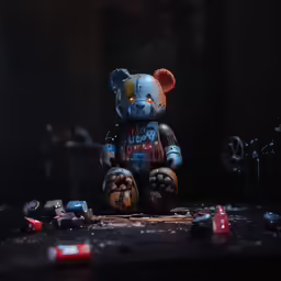 a teddy bear is painted as it sits in the dark