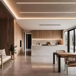 a modern kitchen filled with marble and wooden furniture