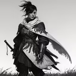 a woman wearing a costume standing in the middle of a field