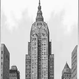 a black and white drawing of buildings in new york city