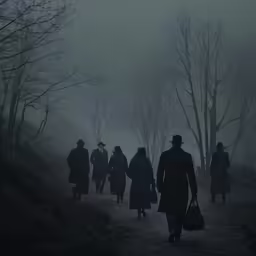 a group of people walking down a path with trees in the fog