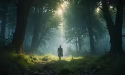 a man is standing in the middle of a forest