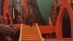 a large painting of a stairway leads down to another room