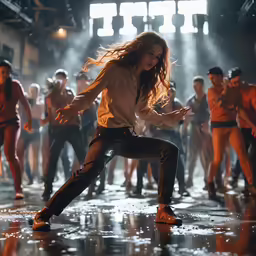 a woman dancing while other people stand nearby