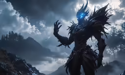 a creature in an elder world with evil looking eyes and large horns