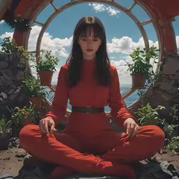 a woman in red sitting in a lotus pose
