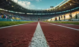 an empty red running track at a sporting stadium