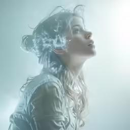 woman looking up with hair blowing from her back