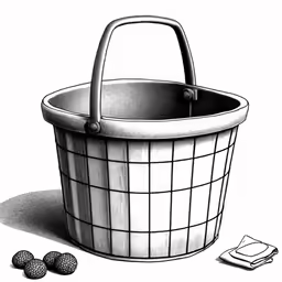 a basket with three balls in it next to an open notepad