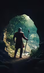 man with axe walking in an opening on to the side of a forest trail